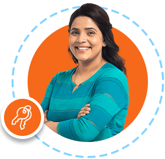Keys icon.  Smiling woman with arms crossed.